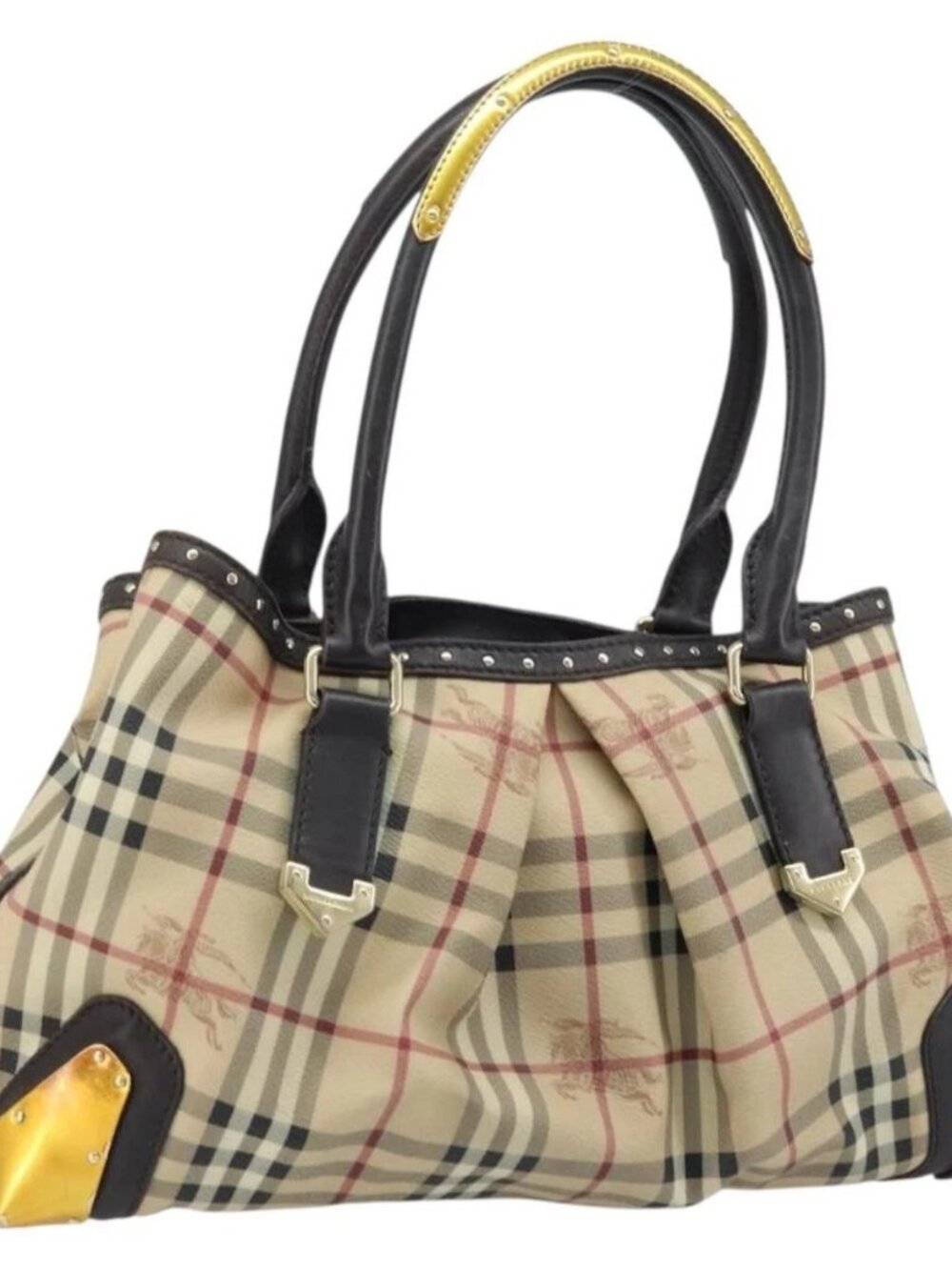 BURBERRY Nova Check Hand Bag PVC Beige Gold Auth 172518